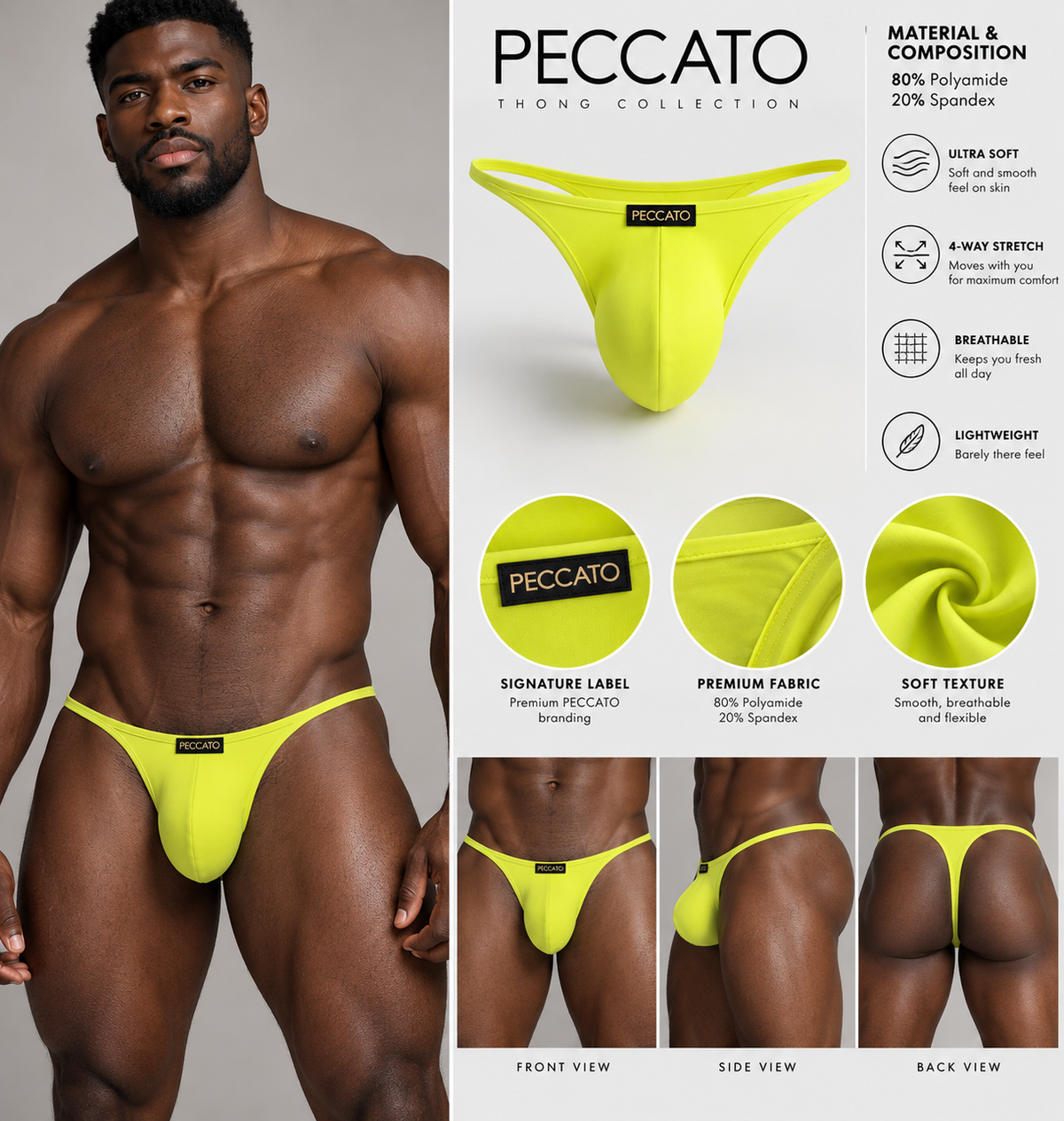 PECCATO MODEL SINNER MEN'S LOW -RISE BIKINI BRIEF THONG BREATHABLE KNITTED UNDERWEAR