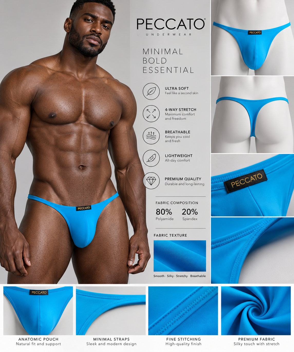 PECCATO MODEL SINNER MEN'S LOW -RISE BIKINI BRIEF THONG BREATHABLE KNITTED UNDERWEAR