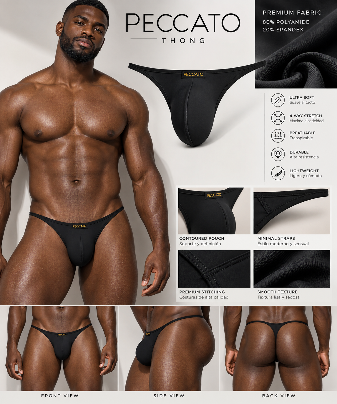 PECCATO MODEL SINNER MEN'S LOW -RISE BIKINI BRIEF THONG BREATHABLE KNITTED UNDERWEAR