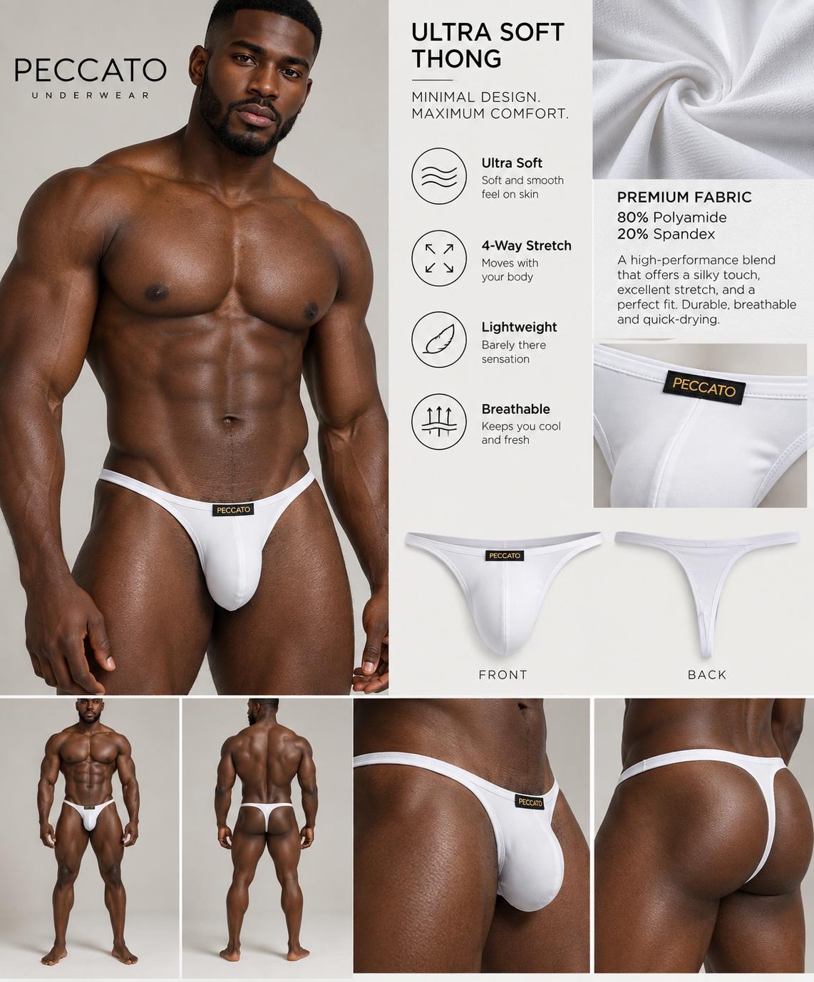 PECCATO MODEL SINNER MEN'S LOW -RISE BIKINI BRIEF THONG BREATHABLE KNITTED UNDERWEAR