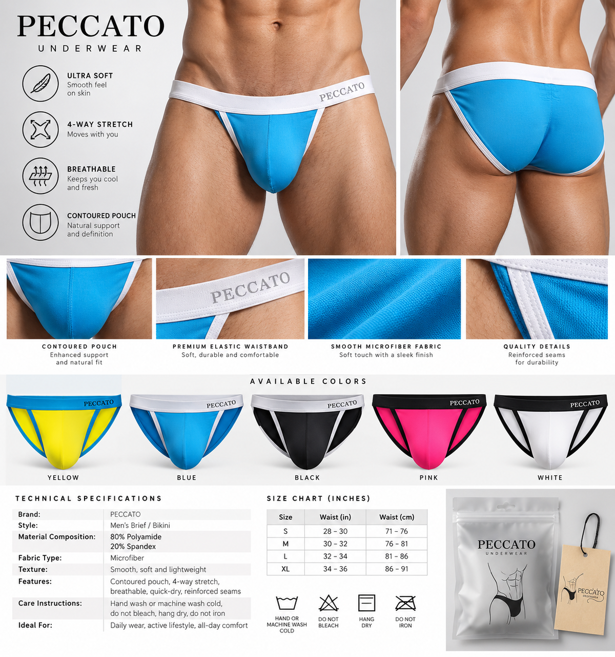 PECCATO SEDUCTIVE Men’s Bikini Brief  low-rise cut Soft elastic waistband