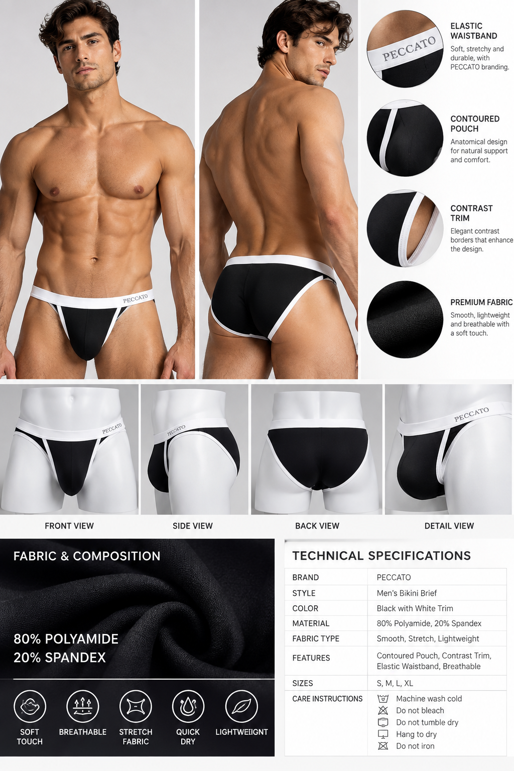PECCATO SEDUCTIVE Men’s Bikini Brief  low-rise cut Soft elastic waistband