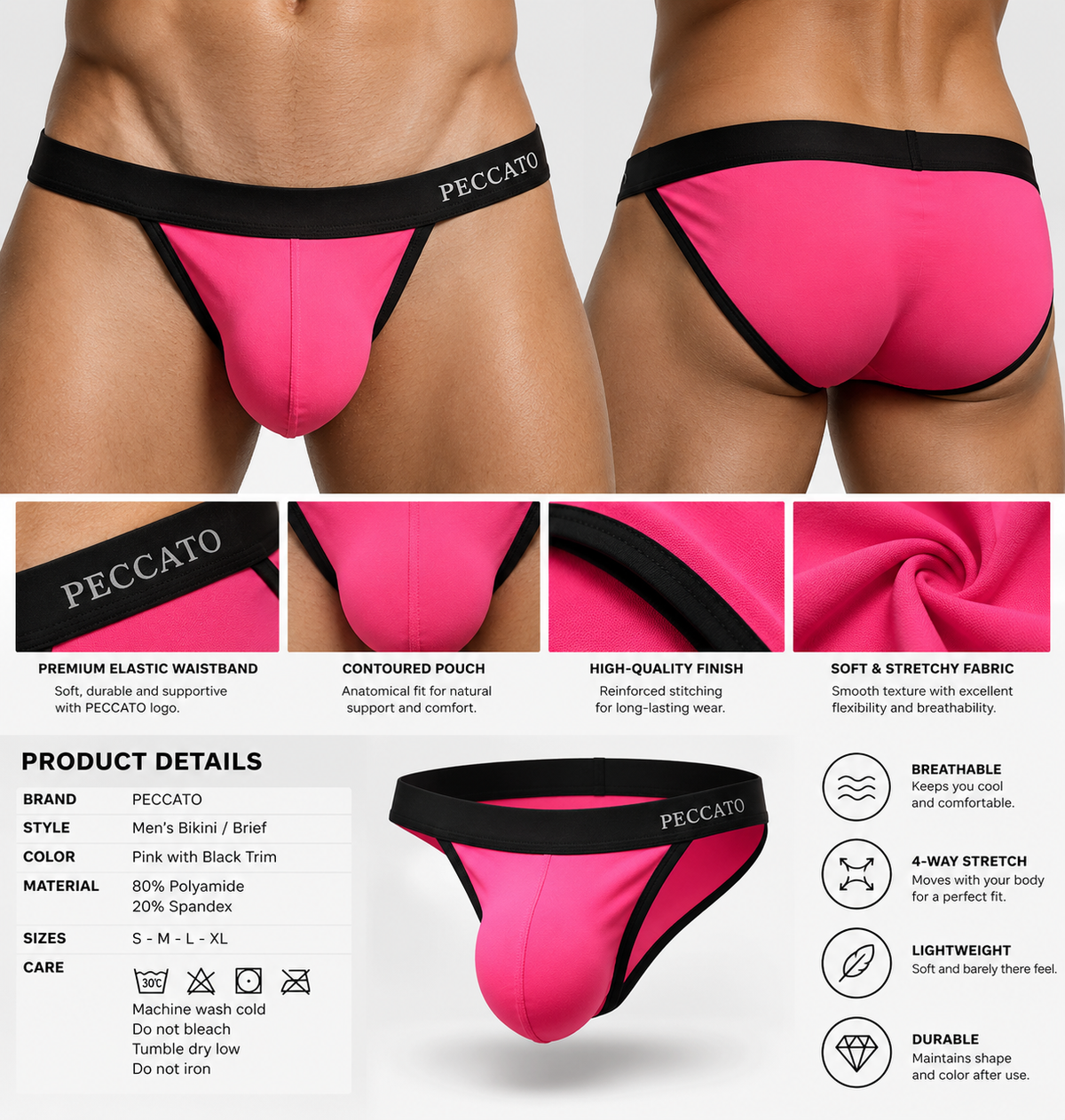 PECCATO SEDUCTIVE Men’s Bikini Brief  low-rise cut Soft elastic waistband