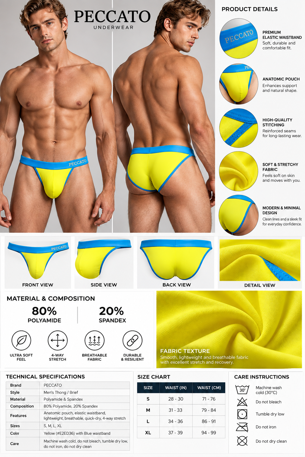 PECCATO SEDUCTIVE Men’s Bikini Brief  low-rise cut Soft elastic waistband